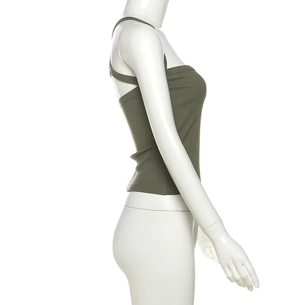 Green Thread Casual Tank Tops Woman Low-Neck Cross Strap Sleeveless Backless Crop Top Hot Girls High Street Classic Slim Fit Top