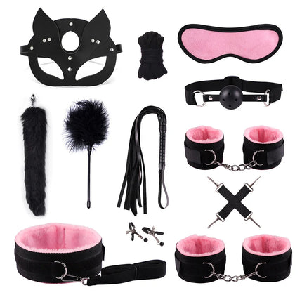 Adult Erotic Nylon Bondage BDSM Kit with Handcuffs Sex Whip Mouth Gag Soft Fox Tail Anal Plug for Women Sexy Games