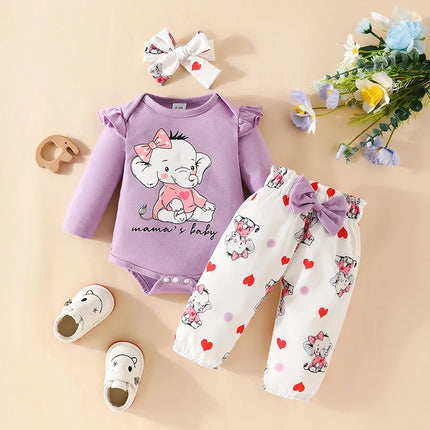 Baby Girl Set Newborn Clothes Cartoon Elephant Printed Onesie Long Sleeve Onesies Elastic Waist Pants Infant Outfits 0-18 Months
