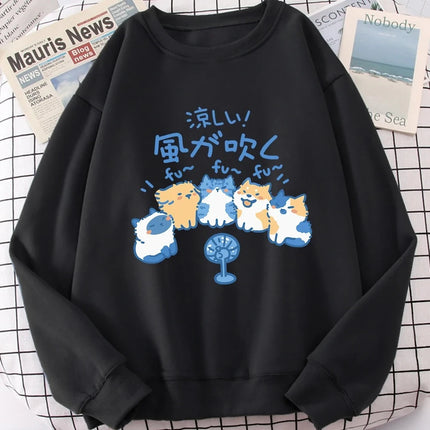 5 Cats Blowing Fans Cute Printed Sweatshirt Women Personality Casual Hoodies Crewneck Hoodies Fashion Cartoon Clothing