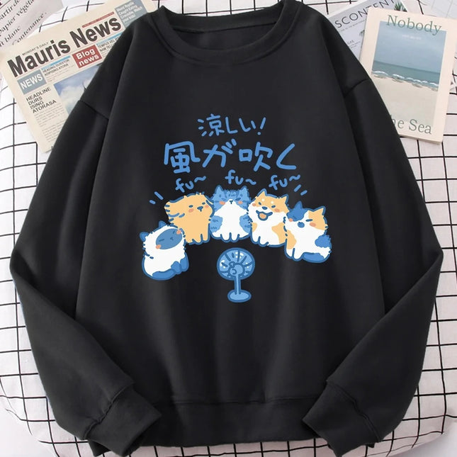 5 Cats Blowing Fans Cute Printed Sweatshirt Women Personality Casual Hoodies Crewneck Hoodies Fashion Cartoon Clothing