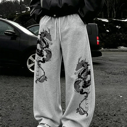 Men's Harajuku Dual Side Ink Dragon Japanese Katakana Print Wide Leg Sweatpants Drawstring Soft Asian Street Loose Trousers