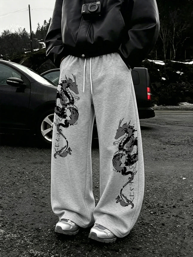 Men's Harajuku Dual Side Ink Dragon Japanese Katakana Print Wide Leg Sweatpants Drawstring Soft Asian Street Loose Trousers