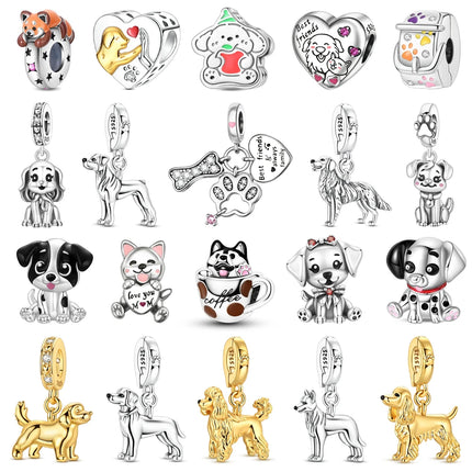Hot Sale 925 Sterling Silver Puppy Beads & Teddy & Golden Retriever Dangle Charm Fits Bracelet Beloved Pet Pendant Gifts
