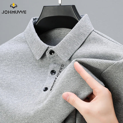 Men's Waffle Long-Sleeved Polo Shirt with Letter-Printed Lapel Casual Top