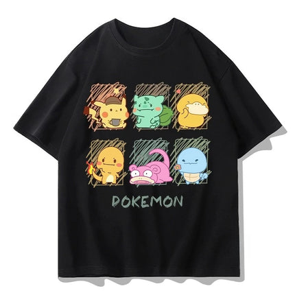 2026 Summer Pokemon Cute Starters Group Print T-Shirt, 100% Cotton Loose Oversized Couple & Family Tee for Travel Game & Sports