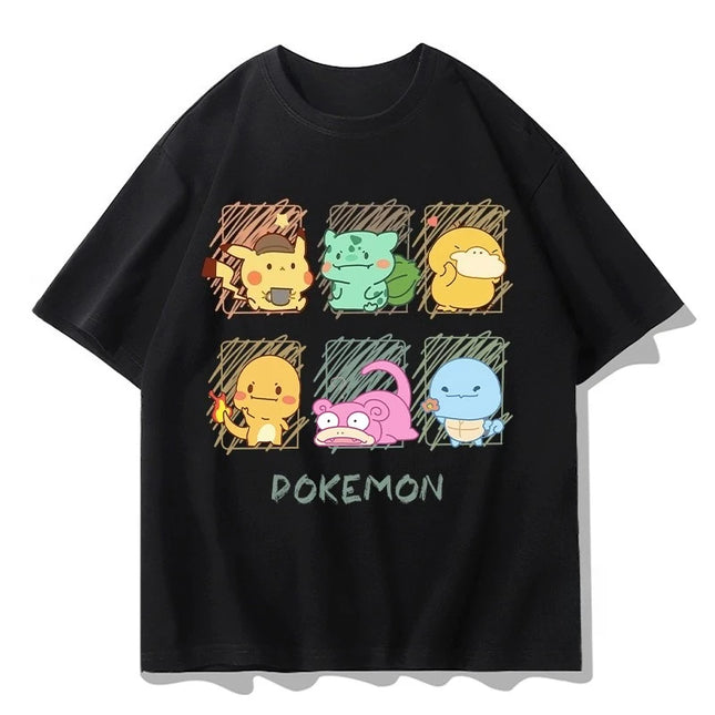 2026 Summer Pokemon Cute Starters Group Print T-Shirt, 100% Cotton Loose Oversized Couple & Family Tee for Travel Game & Sports
