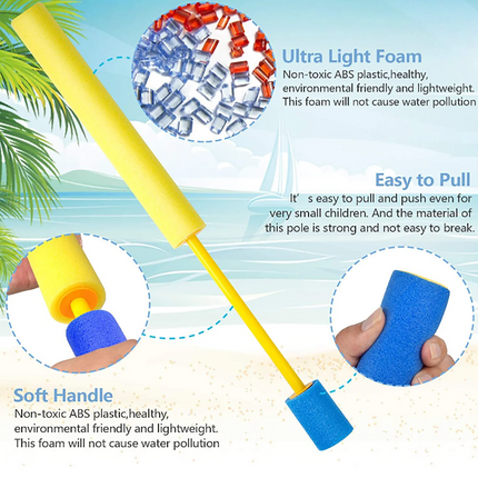 Children pull foam water gun to fight water fights manually, and many people interact on outdoor beach in summer