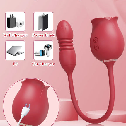 Rose-Sucking Sex Toys Dildo Vibrator for Women 3in1 Thrusting G Spot Anal Vibrators Stimulator Female Vibrating Egg Adult Toys
