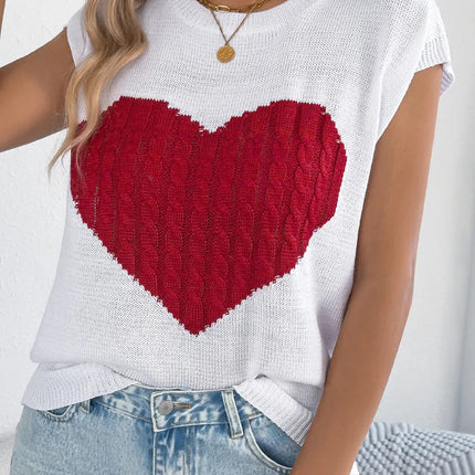 VigoCasey 2025 Summer Lady Love Patchwork Top Women O Neck Short Sleeve Knit Vest Female Casual Loose Pullover Tops Clothes