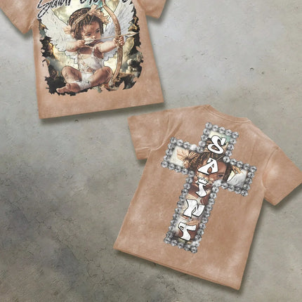 2026 Summer New Men's T-shirt with 3D Angel Pattern Print Street Casual Fashion Comfortable Soft Breathable Lightweight