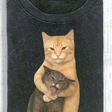 Street Hip Hop Funny Hug Cat Pattern Printed Y2K Street Style Summer New Neutral Casual Washed T-shirt