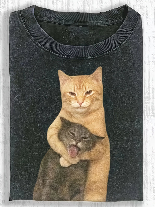 Street Hip Hop Funny Hug Cat Pattern Printed Y2K Street Style Summer New Neutral Casual Washed T-shirt