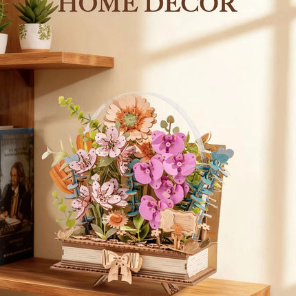 Rolife 3D Puzzle Wooden Blooming Book DIY Artificial Flower Bouquet Model Building Kit for Home Decor Wedding Mother's Day Valentine's Day Gift for Women Adults