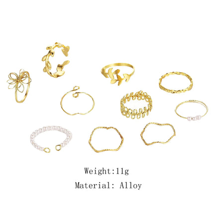 10Pcs Imitation Pearl Leaf Flower Rings Set For Women Rhinestone Butterfly Finger Ring Metal Knuckle Finger Ring Jewelry