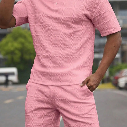 2026Summer Male Casual Two Pieces Suits Vintage Polo Neck Short Sleeve Tops And Shorts Men's Sets Fashion Plaid Textured Outfits