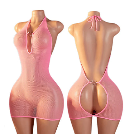 See Through Pink Sexy Women's Tight Mesh Dress Temptation Backless Shoulder Strap Hollow Out Bodysuit Skirt Erotic Clothing