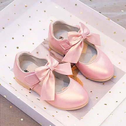 Girls Leather Shoes with Big Bow-knot Princess Sweet Classic Fashion Children Party Shoes White for Wedding Soft Anti-slippery