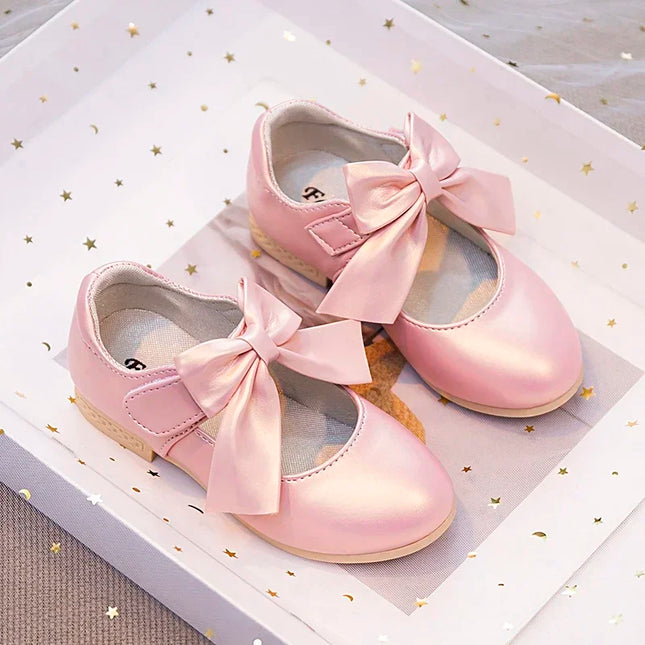 Girls Leather Shoes with Big Bow-knot Princess Sweet Classic Fashion Children Party Shoes White for Wedding Soft Anti-slippery