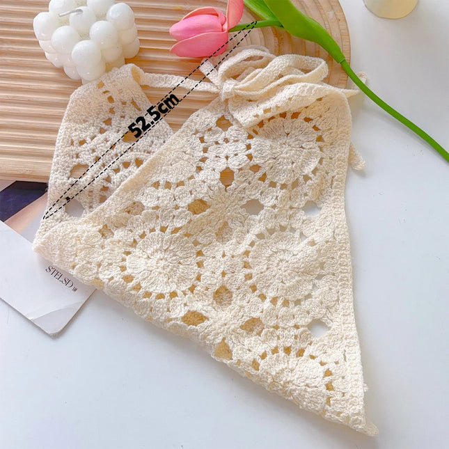 Bohemian White Cotton Lace Triangle Hair Scarf for Women Knitted Flower Hollow Out Headband Wraps Hair Waist Decoration Outfits