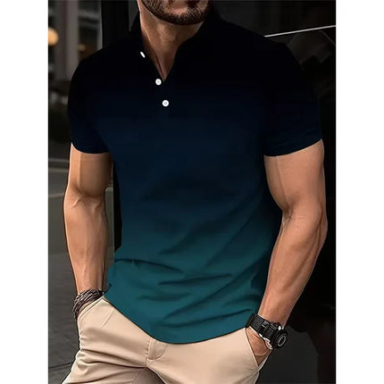 Men's 3D Fashion Gradient Polo Shirt, Lapel Golf Shirt, Short Sleeved Printed Button Up Clothing