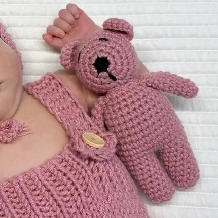 3pcs/sets Newborn Cute Bear Photography Clothing Hand-woven Romper Pants Hat Dolls Decor Props Baby Photoshoot Outfits