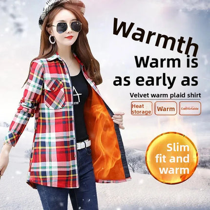 Thickened Fleece Women's Long Sleeve Shirt Warm Slim Fit Midi Length Plaid Korean Style Fashionable Women's Button-up Top