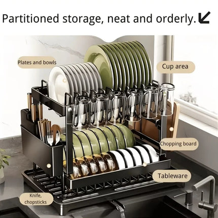 2-Tier Carbon Steel Dish Drying Rack with Drainboard, Large Capacity Kitchen Counter Organizer for Cups, Bowls & Bottles