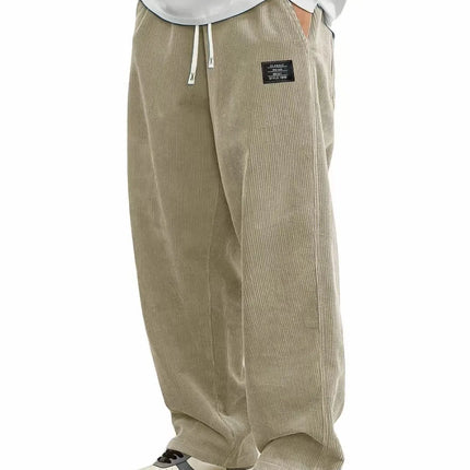 Men'S Corduroy Straight Leg Pants with Drawstring Waist,  Pockets, and Logo Design - Stretchy, Casual Fit for Everyday Wear