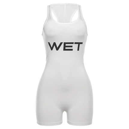 Summer 2025 Women's Sexy Sport Romper White Sleeveless Playsuits Letter Print Subtranslucent Slim Fit Raceback Design
