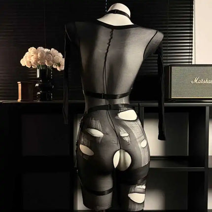 New Hollow Out Black Leather Bandage Open Crotch Bodysuit Women Sexy Lingerie See Through Crotchless Fullbody Stocking Costume