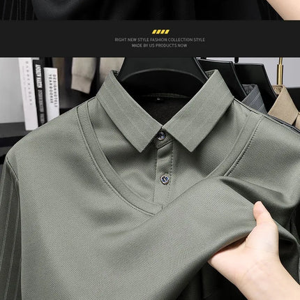 Men's Winter Thickened Fleece Lined Knitwear Polo Shirt Long Sleeve Loose Fit Solid Color Thermal Base Layer Two-Piece Look