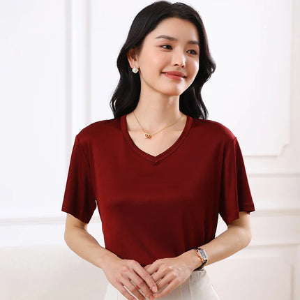 2026 Summer New Women's T-shirt V-neck Knitted Women's Short Sleeve High end Acetate Fiber White Fashion Women's Top