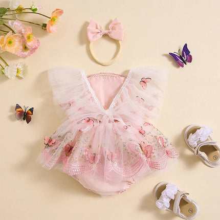 Summer Infant Baby Girl Rompers Dress Lace Trim Butterfly Embroidered Fly Sleeve Tulle Jumpsuit Bodysuits Clothes with Headband