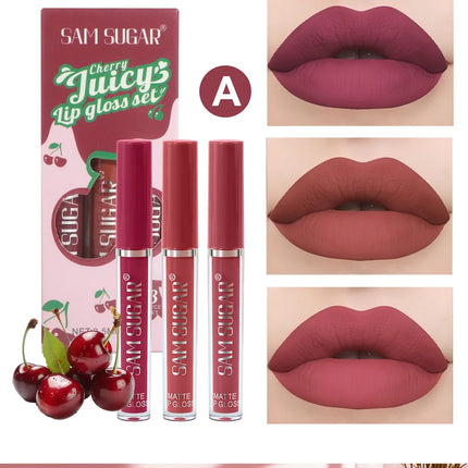 Fruit Cherry Strawberry Liquid Lipstick Makeup Kit Non Stick Cup Colorfast Long Lasting Velvet Matte Peach Lip Gloss Set 3pc/set