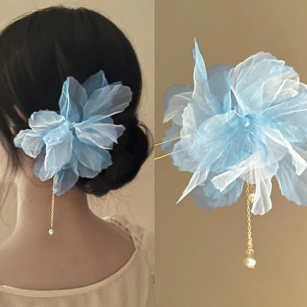 New Chinese Style Gentle Gradient Fabric Flower Hair Sticks for Women Sweet Chains Tassel Imitation Pearl Hairpin Fairy Headwear
