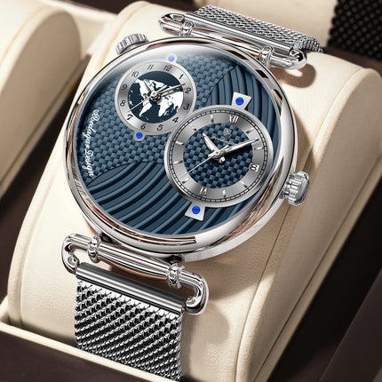 POEDAGAR Fashion Man Clock Dual Time Zone Display Waterproof Date Men Watch Sports Mesh Stainless Steel Men's Quartz Watches+Box