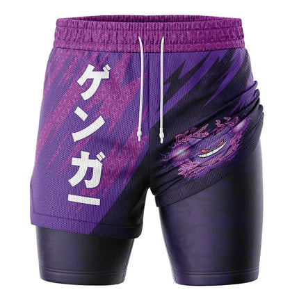 Bandai Gengar Attack Pocket Monster Anime Unisex Double Layer 2-in-1 Performance Gym Shorts Summer Quick-dry Soft Lightweight