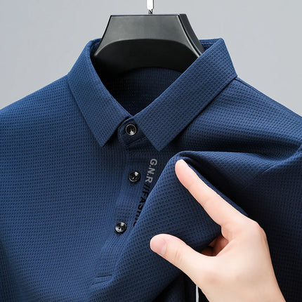 Men's Waffle Long-Sleeved Polo Shirt with Letter-Printed Lapel Casual Top