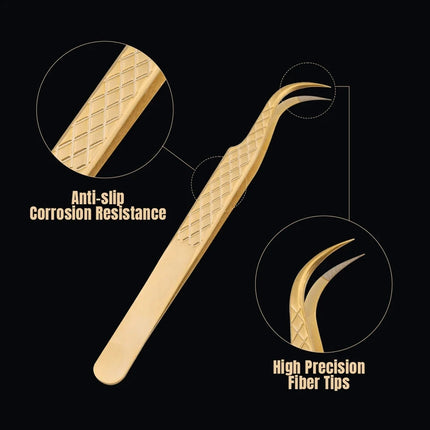 Gemerry  Eyelash Extension Tweezers With Fiber Tips Golden Stainless Steel High Precision Tweezer for Volume Fans Makeup Tools