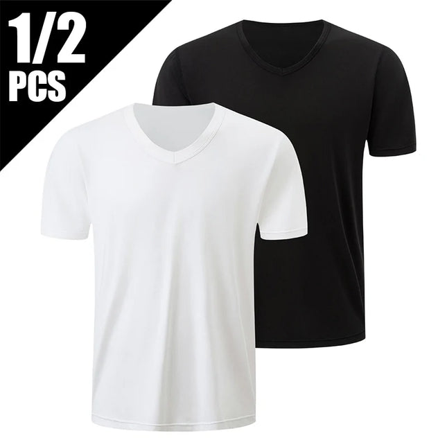 1/2/3 Piece Men's Solid Color Four Season Short Sleeved V-neck Sports And Comfortable Plus Size Youth Casual Base T-shirt