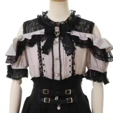 Japanese Gothic Lolita Style Shirts Women Vintage Sweet Y2k Lace Ruffles Short Sleeve Plaid Blouse Girls Casual Tops