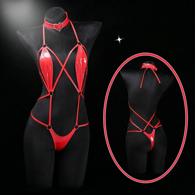 QQ Black Patent Leather Choker Wet Sexy Lingerie Bodysuits Erotic Crotchless Leather Jumpsuit Underwear Costumes Lingerie Set