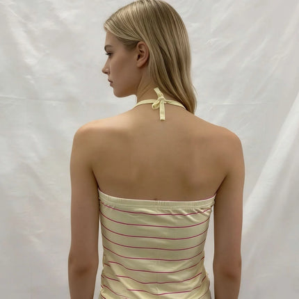 Girls' style striped color matching retro pleated design neck vest slim backless sexy 2026 new stylish ladies spice vest