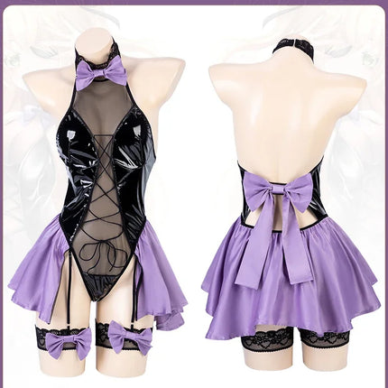 PU Leather Bodysuit Women Sexy Lingerie Anime Cosplay Costumes Halter Neck Mesh Body SuitJapanese Anime Game Fischl Uniform