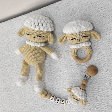 1 Set DIY Crochet Giraffe Baby Teether Newborn Lamb Rattle Toy Wooden Molar Teething Ring Pacifier Clips Chain Set Baby Stuff