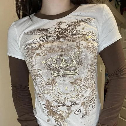 Street Hottie Fake Two T-shirts American Retro Print T-shirt EMO Harajuku Stitching Tees American Fashion Punk Top Women's Clothing