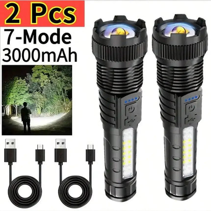 2PCS Tactical Flashlight 2500 Lumens - USB C Rechargeable, 7 Modes Super Bright LED Flashlight For Camping, Hiking