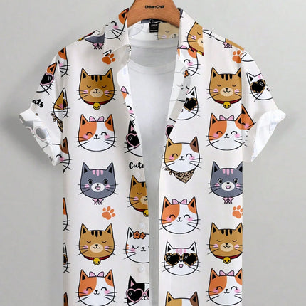 2026 New Fashionable Hawaiian Men's Cute Cat Printed Casual Harajuku Short Sleeved Shirt