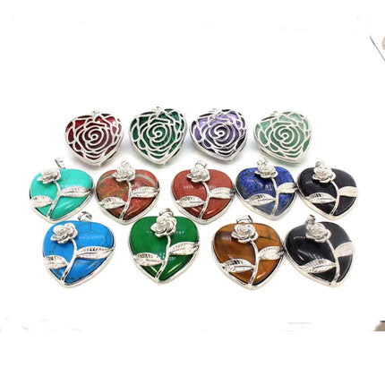 Crystal Stone Heart Shape Pendant Natural Rose Quartz Amethyst Crystal Lapis Lazui Green Aventurine Agate Women Necklace Jewelry